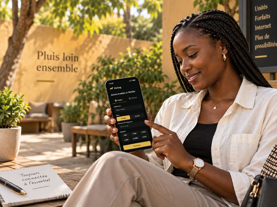 Une femme assise dehors achète du crédit sur son téléphone