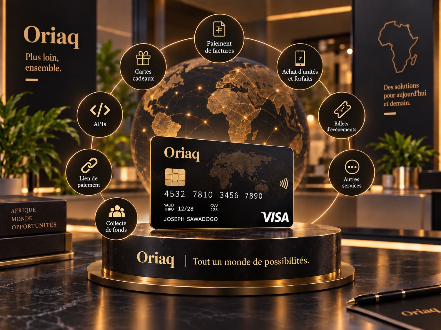 La carte Oriaq au centre des services : paiement de factures, unités et forfaits, cartes cadeaux, billets, collecte, lien de paiement et interfaces de programmation