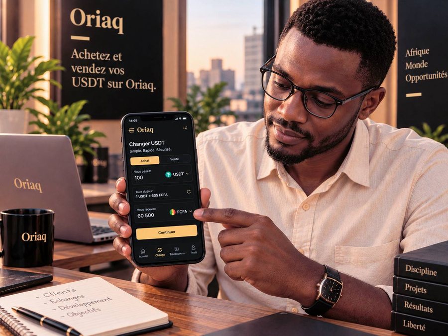 Un homme montre l'écran d'échange USDT de l'application Oriaq sur son téléphone